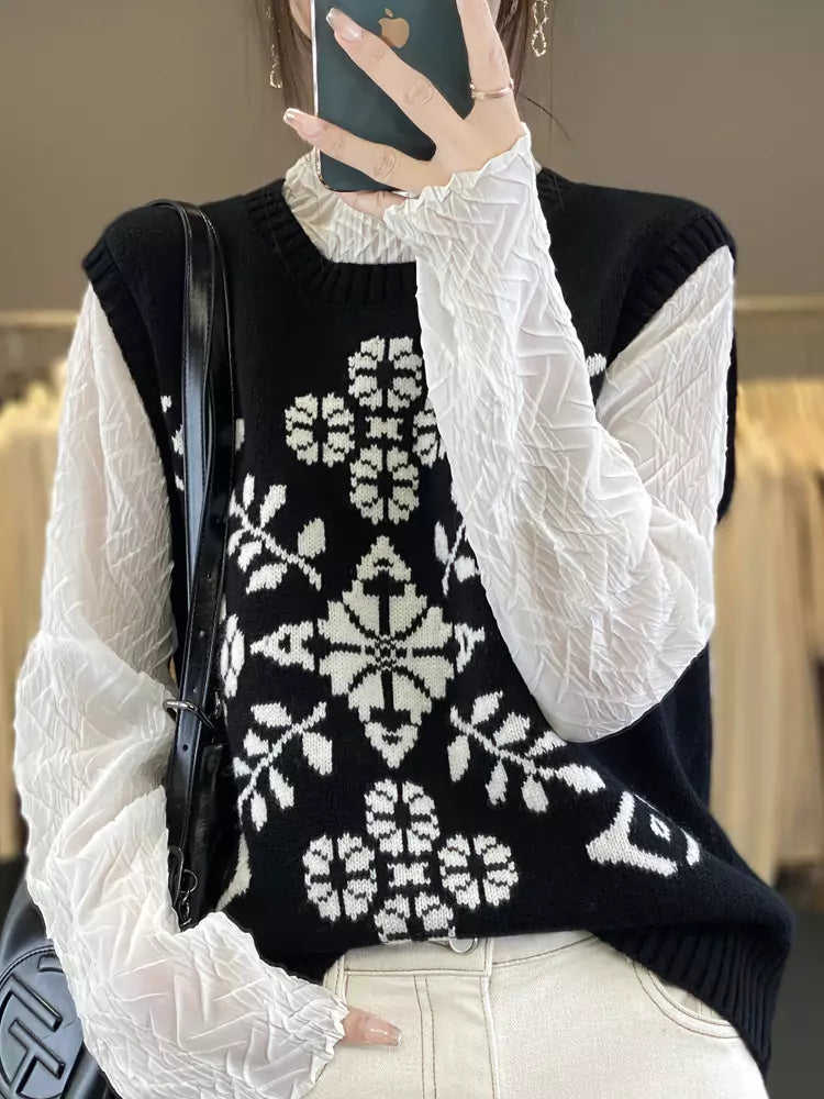 Colorblock Floral Round Neck Wool Vest for Women in Loose Casual Style