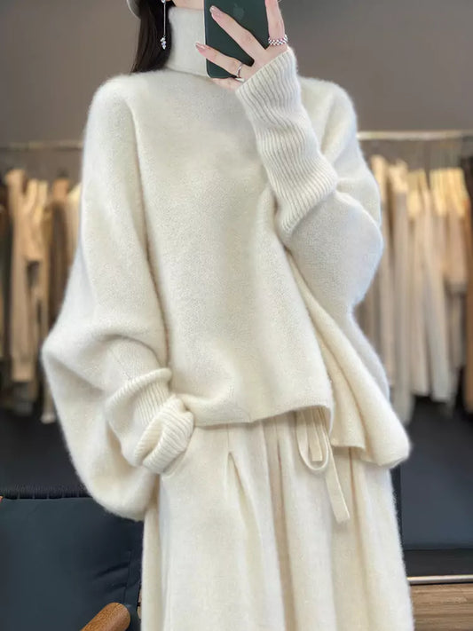 High Collar Beige Thick Pullover Wool Batwing Sweater for Women in Loose Cozy Style