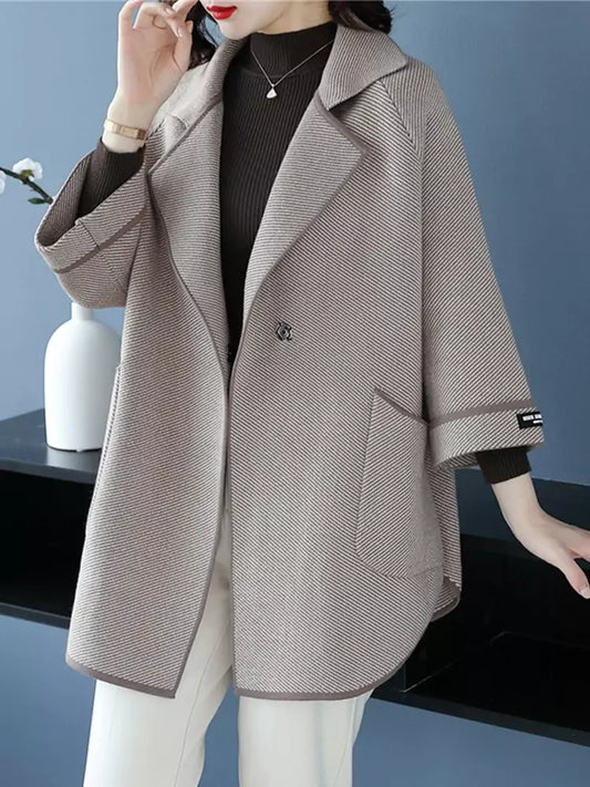 Plus Size Loose Knit Cardigan for Women with Notched Collar and 3/4 Sleeves