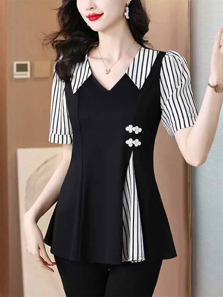 Kurzarm-Streifen-Patchwork-Shirt in Übergröße für Damen