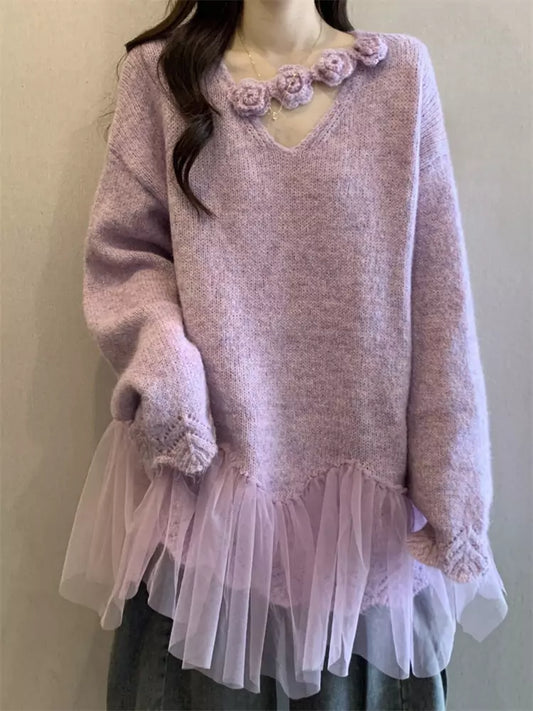 Suéter de punto morado con cuello en V y cuello halter para mujer, talla grande, con parches de malla floral 3D