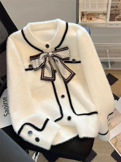 Cárdigan de punto de lana de visón sintético blanco de moda para mujer con detalle de lazo