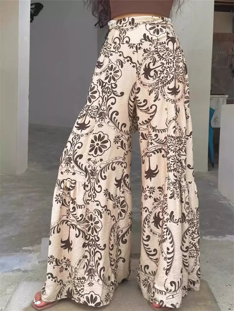 Pantalones anchos elegantes de estilo bohemio con estampado marrón para mujer, talla grande