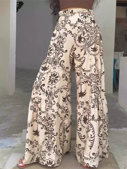 Pantalones anchos elegantes de estilo bohemio con estampado marrón para mujer, talla grande