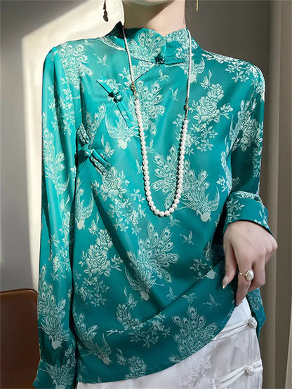 Neue Bluse im chinesischen Stil aus türkisgrünem Jacquard-Satin für Damen
