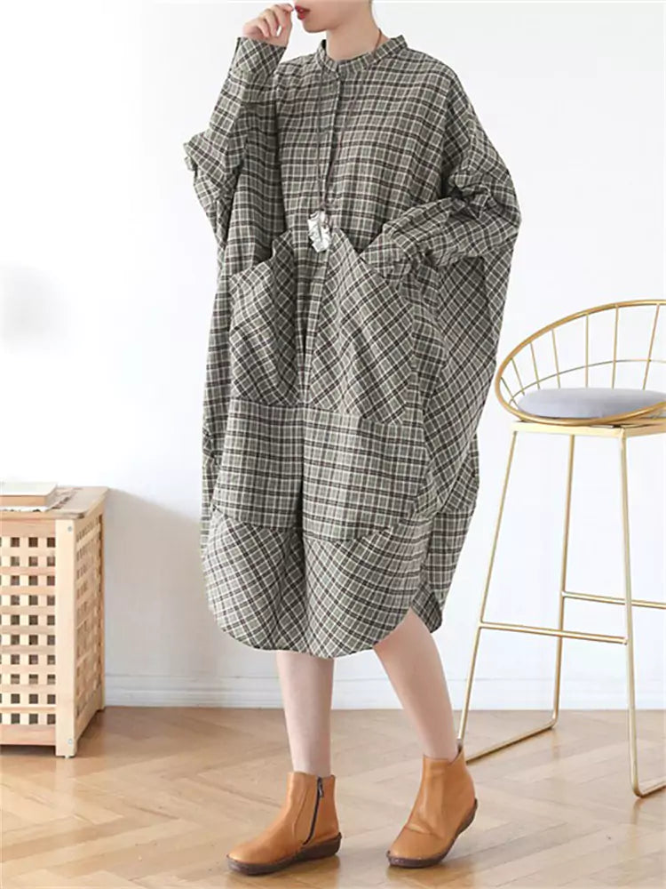 Vintage Plaid Loose Fit Dress with Pockets for Women