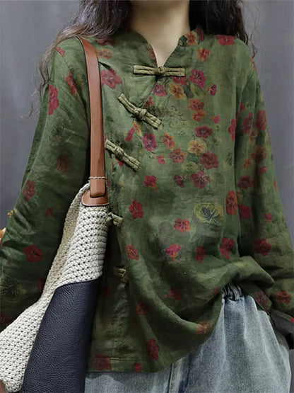 Vintage-Hemd im chinesischen Stil aus Baumwoll-Leinen mit schrägem Kragen für Damen