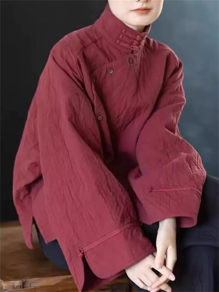 Nueva blusa con botones de rana roja estilo chino para mujer