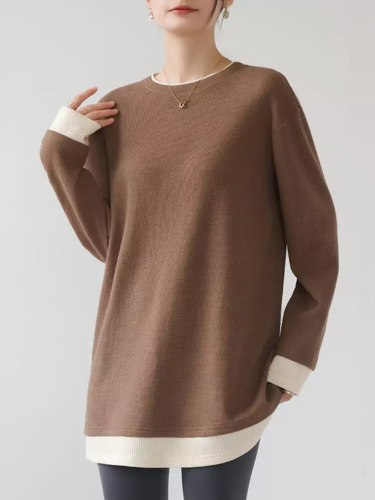 Zweiteiliges Langarm-T-Shirt mit Farbblock-Design in Kaffeebraun für Damen