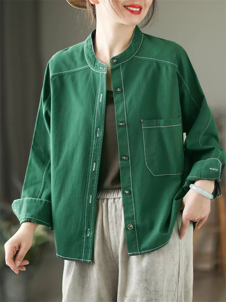 Vintage-grünes, langärmeliges, locker sitzendes Baumwollhemd mit Kontrastnähten und kontrastierenden Ziernähten für Damen