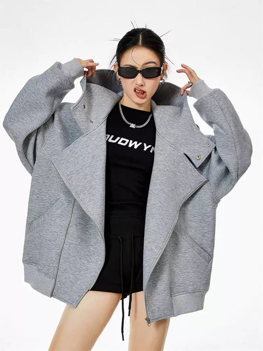 Sudadera con capucha asimétrica con cremallera gris claro vintage para mujer