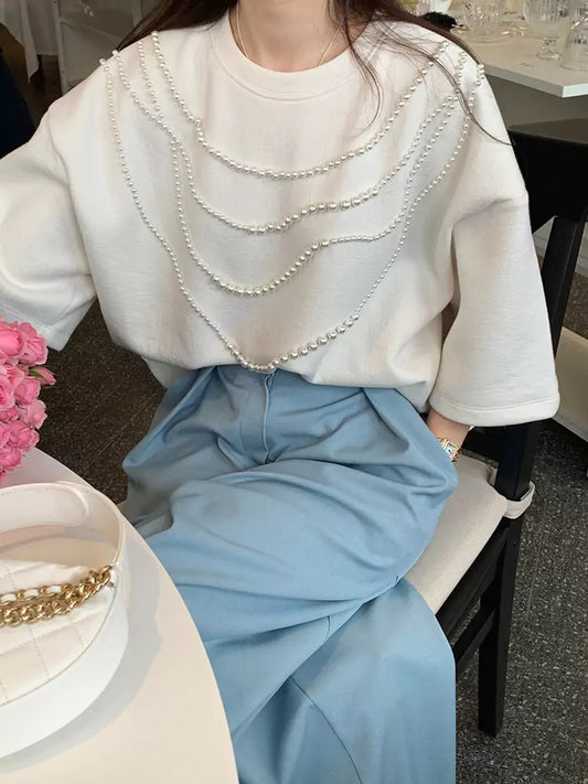 Aprikosenfarbenes, perlenbesetztes Kurzarm-T-Shirt für Damen