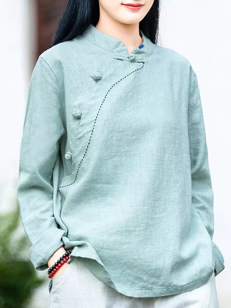 Vintage-Leinenbluse für Damen mit Stehkragen – Bluse im chinesischen Stil mit Knöpfen