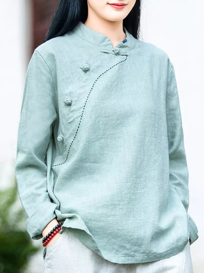 Vintage-Leinenbluse für Damen mit Stehkragen – Bluse im chinesischen Stil mit Knöpfen