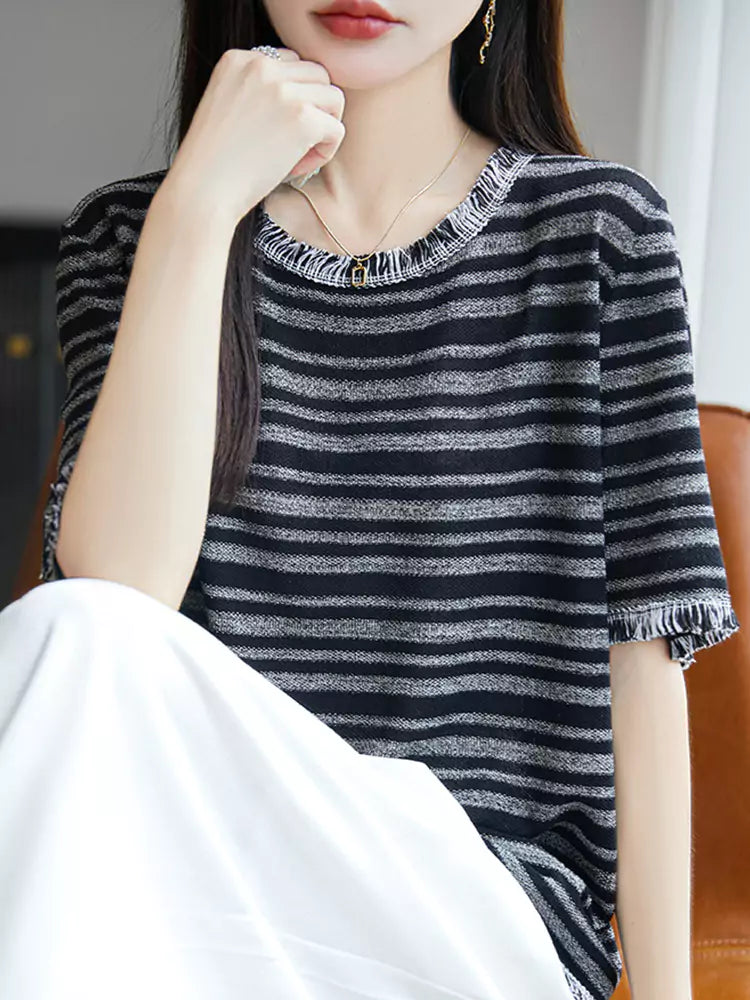 Striped Short Sleeve Ice Silk Knit T-Shirt for Women