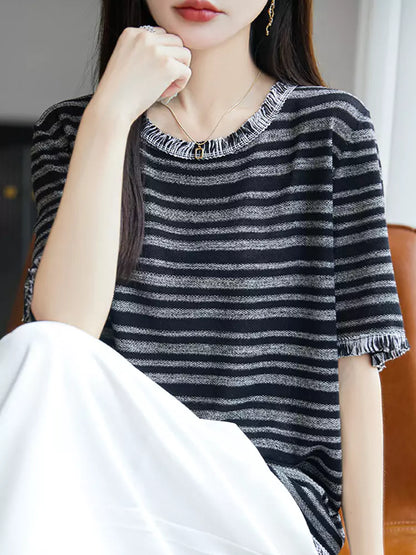 Gestreiftes Kurzarm-T-Shirt aus Eisseidenstrick für Damen