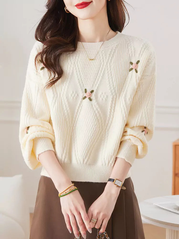 Women’s Camel Embroidered Sweater – Short Knit Pullover for Autumn Winter