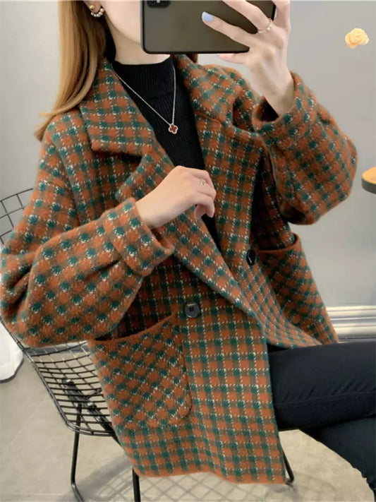 Women’s Short Plaid Wool Blend Coat – Loose Fit Autumn Winter Blazer Collar Outerwear