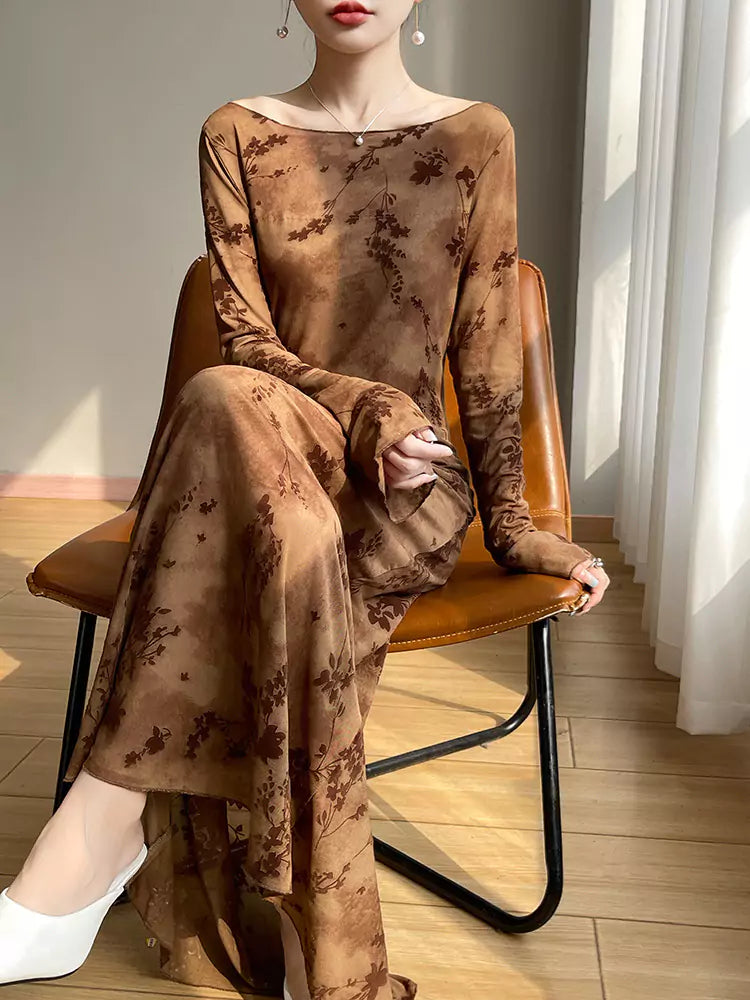 Vestido largo vintage de malla flocada para mujer