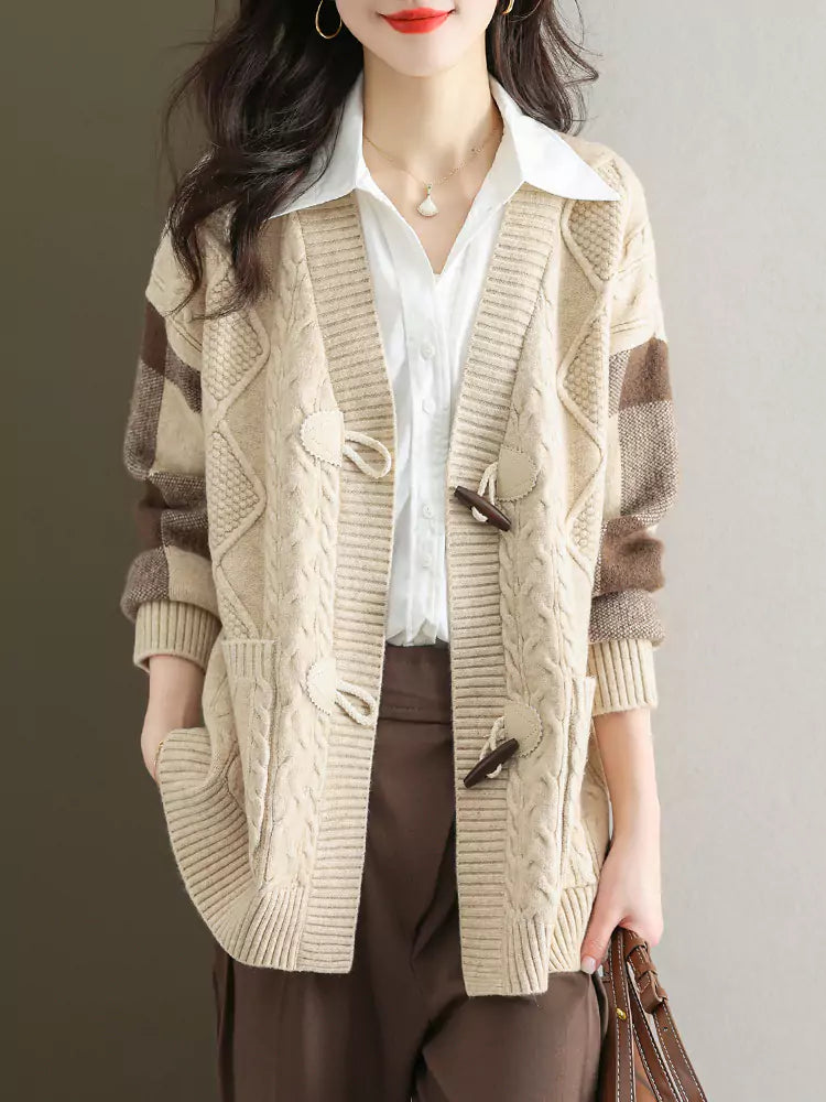 Damen-Strickjacke in mittlerer Länge mit Zopfmuster – Locker geschnittener Herbstpullover