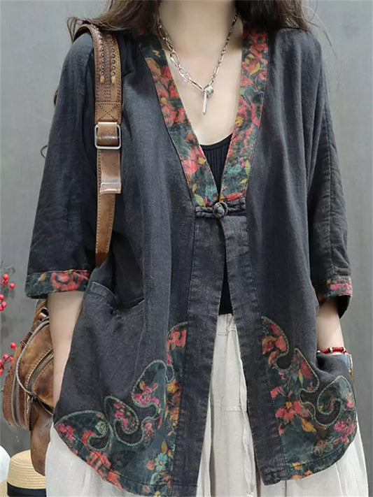 Women’s Vintage Printed Linen Blouse – Loose Fit Casual Buttoned Top