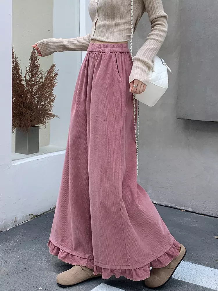 Pantalones anchos de pana rosa con volantes para mujer