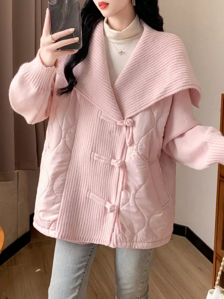 Beige-blaue Strickjacke mit Kragen für Damen