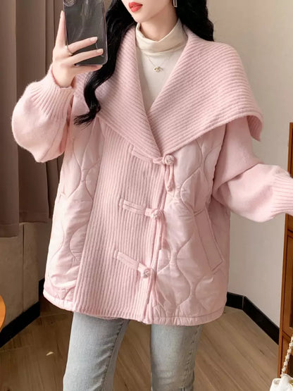 Beige-blaue Strickjacke mit Kragen für Damen