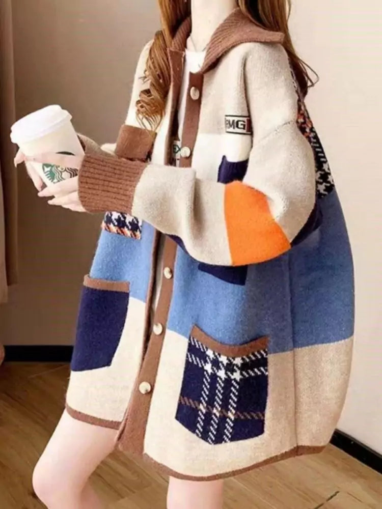 Cárdigan holgado de punto con bloques de color estilo coreano para mujer