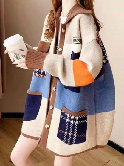 Cárdigan holgado de punto con bloques de color estilo coreano para mujer