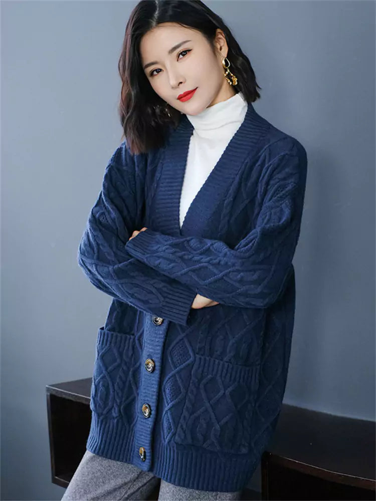 Blauer, grob gestrickter Cardigan für Damen