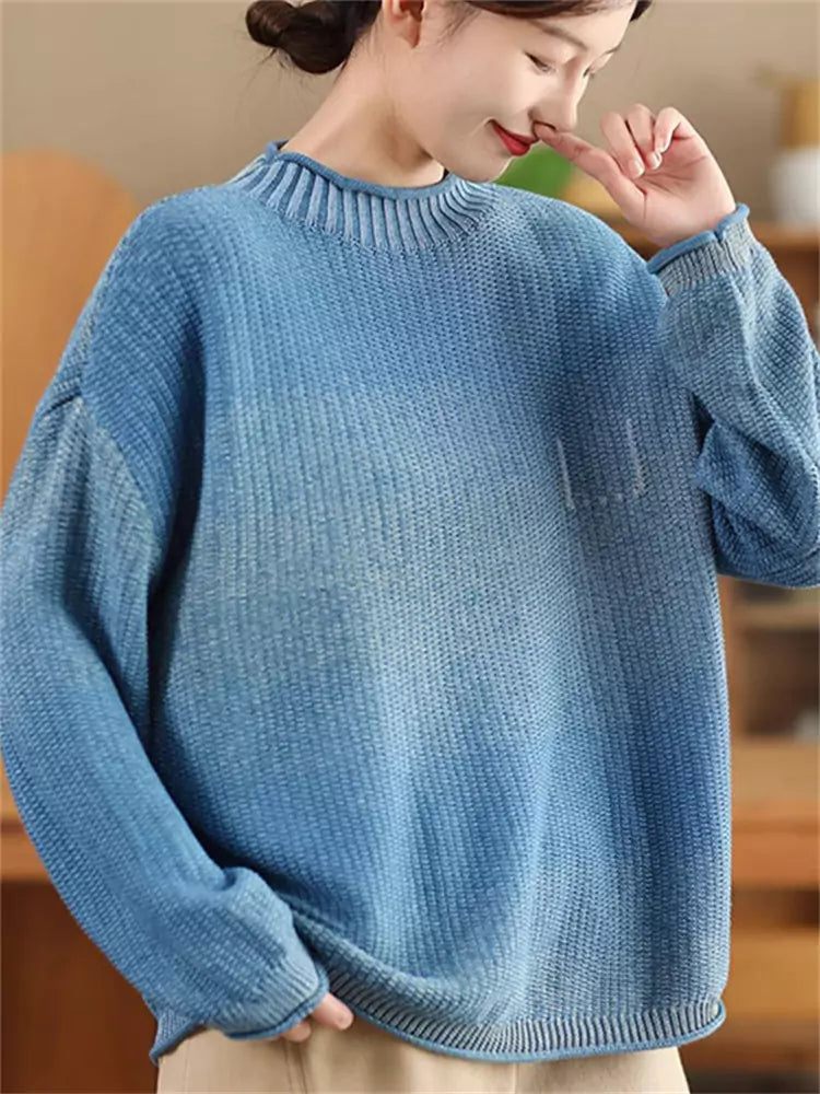 Suéter vintage con cuello redondo y degradado para mujer