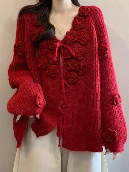 Cárdigan de punto con cuello en V y estampado floral 3D rosa para mujer