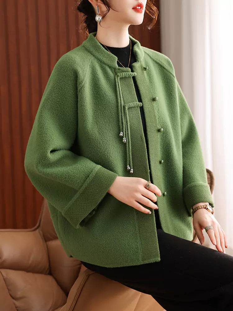 Grüner Stehkragenmantel mit Mandarin-Knopfleiste für Damen