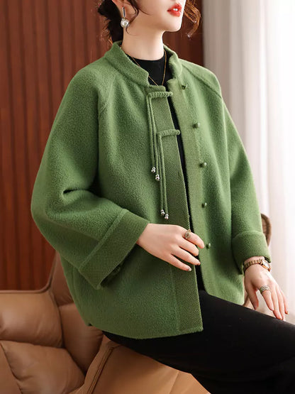 Grüner Stehkragenmantel mit Mandarin-Knopfleiste für Damen