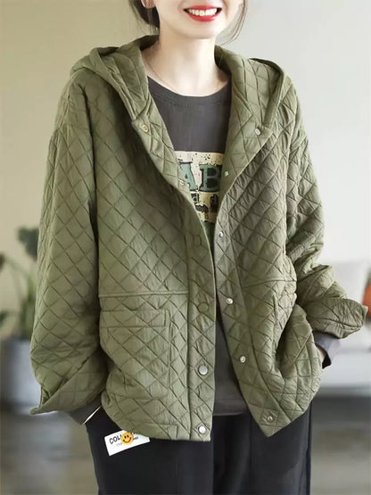 Orangefarbene, wattierte Baumwolljacke mit Kapuze für Damen