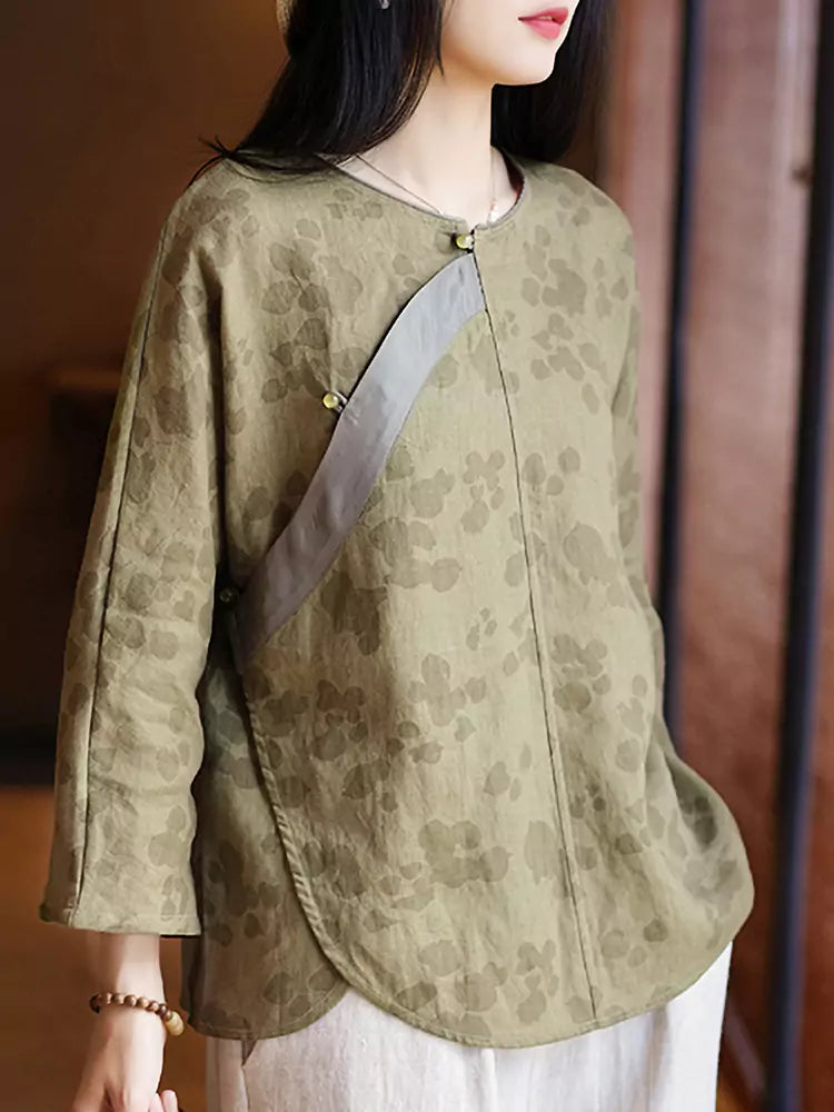 Gelbes Damenhemd im neuen chinesischen Stil aus Leinen mit Kreuzkragen und Froschknöpfen