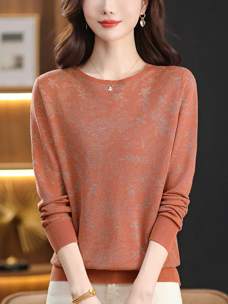 Elegante top de punto jacquard con cuello redondo para mujer