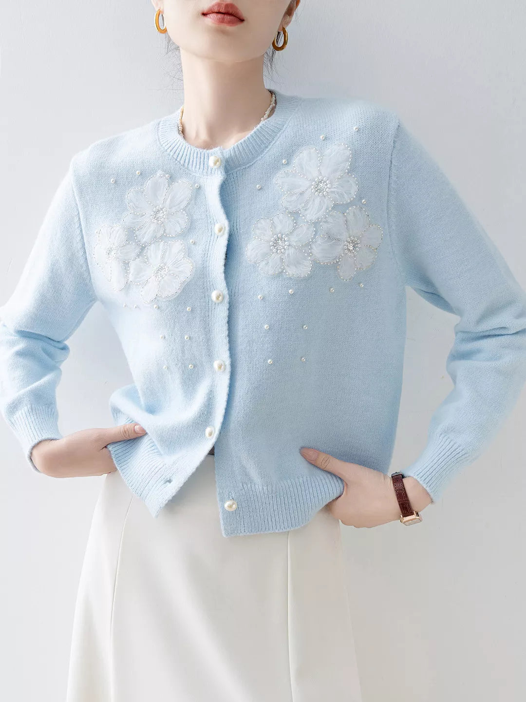 Sky Blue Loose Knit Cardigan for Women with Floral Beaded Design