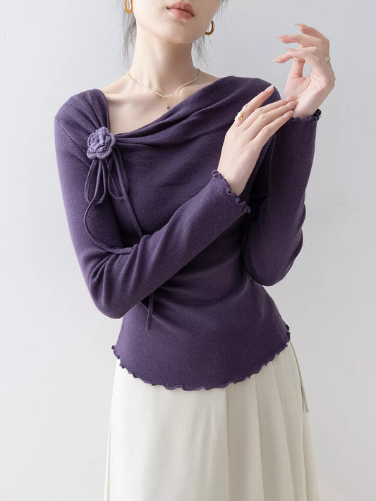 Purple Floral Ruffled Asymmetric Neck Knit Top for Women