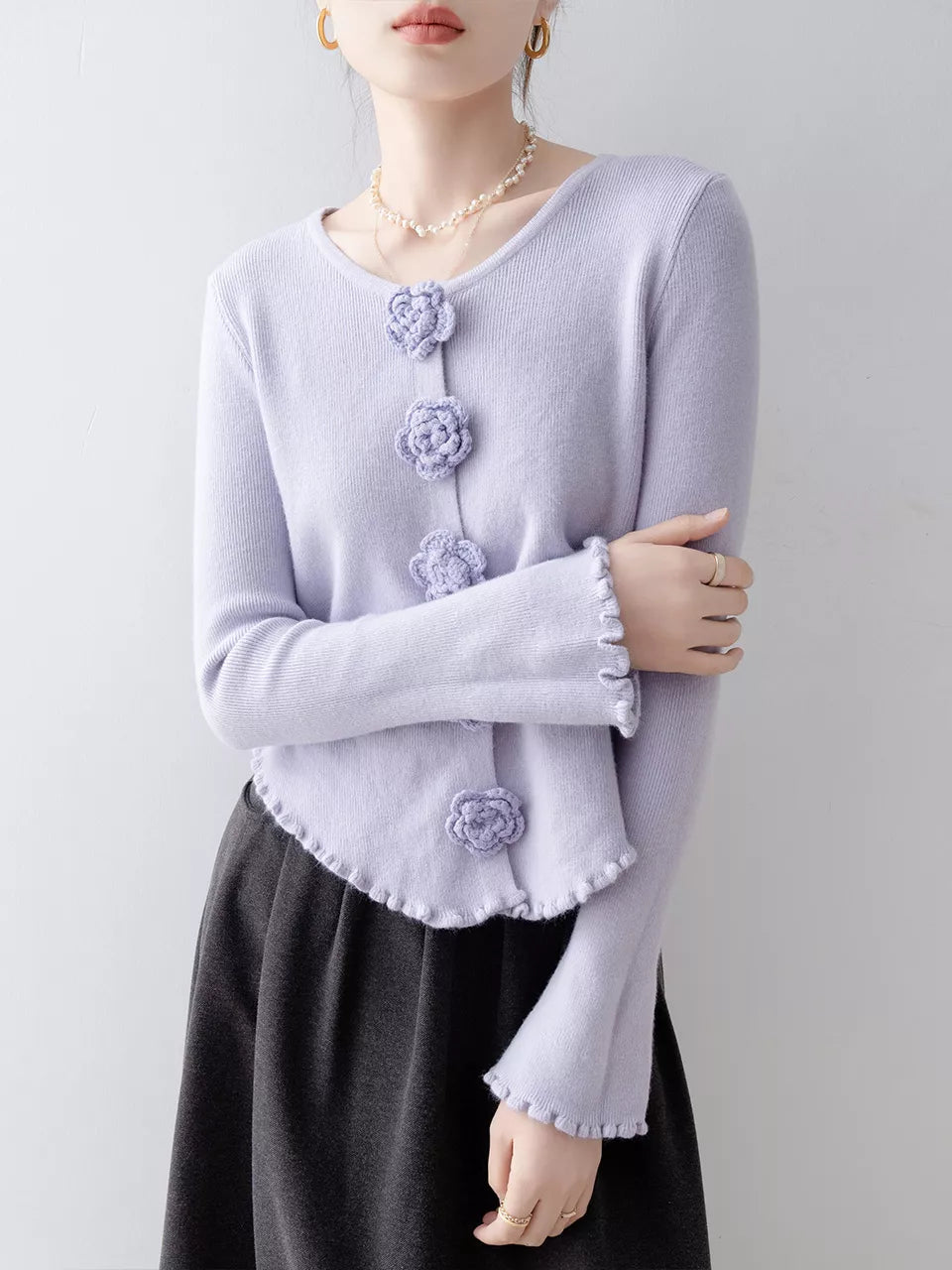 Elegant Purple Round Neck Knit Top with Floral & Ruffle Details
