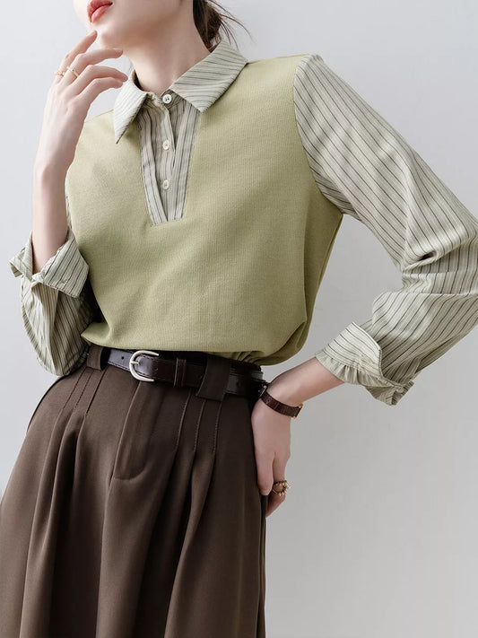 Stylish French Style Green Layered-Look Patchwork Shirt for Women