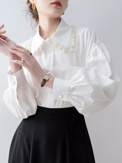 Damen-Poloshirt mit weißem Perlendekor und Laternenärmeln