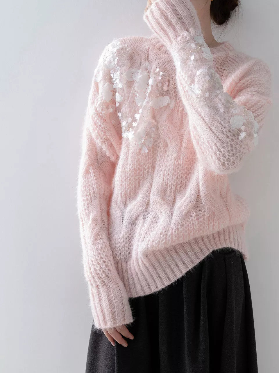 Rosa Pailletten-Mohair-Strickpullover für Damen