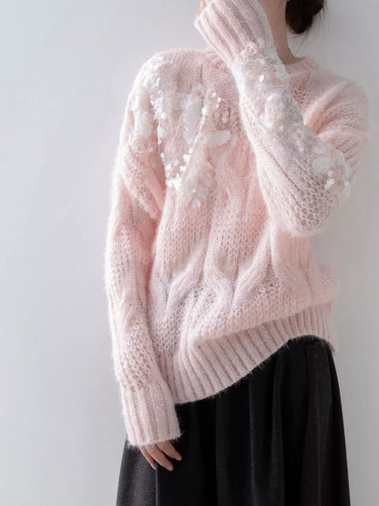 Suéter de punto de mohair con lentejuelas rosas para mujer