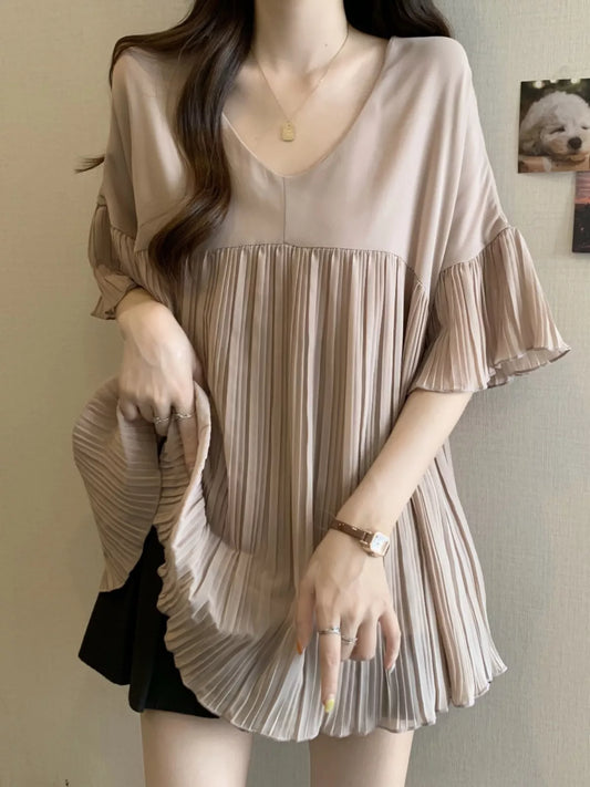 V-Neck Pleated Chiffon Blouse for Women