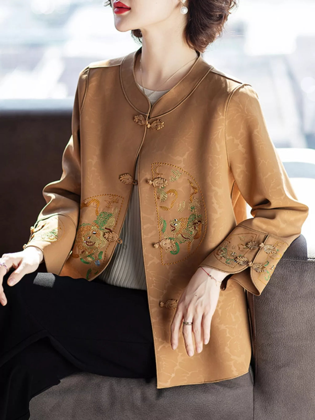 Khaki Loose Stand Collar Printed Jacket for Women
