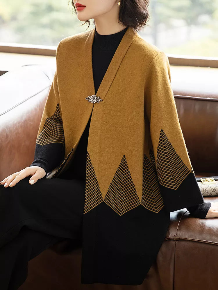 Cárdigan de punto holgado con bloques de color amarillo para mujer