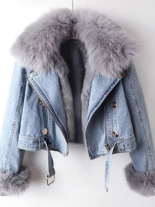 Detachable Faux Fox Fur Lined Denim Jacket for Women