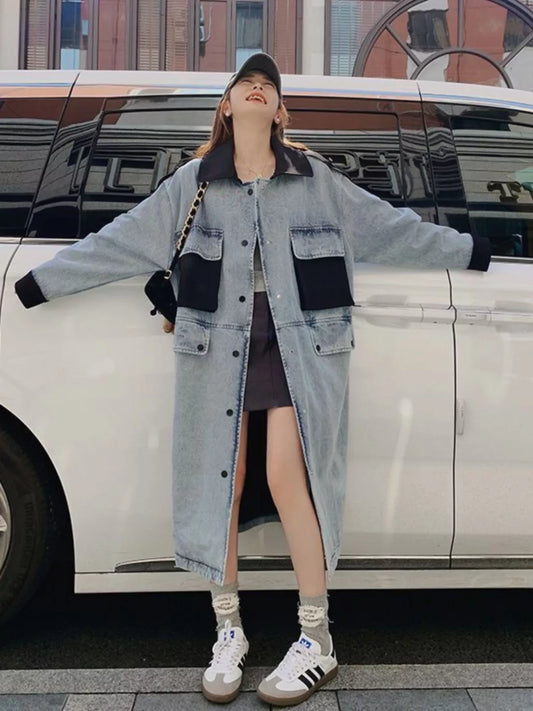 Long Denim Trench Coat for Women